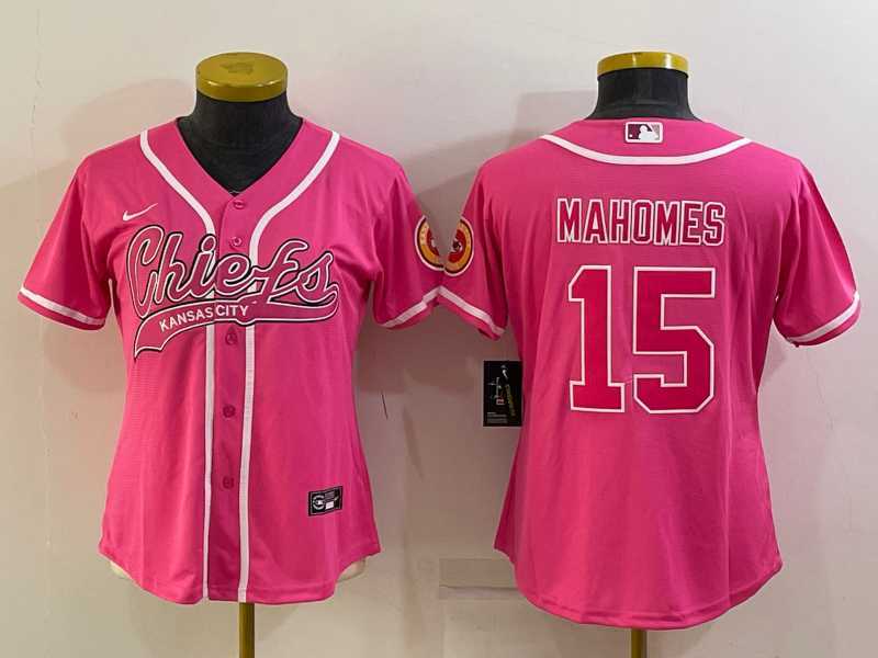 Womens Kansas City Chiefs #15 Patrick Mahomes Pink With Patch Cool Base Stitched Baseball Jersey->women nfl jersey->Women Jersey